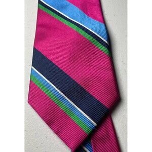 BREUER Men's Silk Necktie ITALY Hand Made Designer STRIPED Pink/Blue/Green EUC